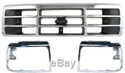 92 96 98 Ford Truck Bronco 3Pc Chrome Grill & Head Light Door Kit F150 F250 F350