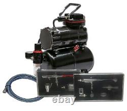 Airbrush Kit Piston Compressor With Tank & Two Dual Action Airbrushes New