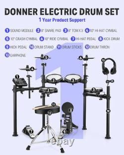 Donner DED-70 Upgrade Electric Drum Set 4 Quiet Mesh Pads 2 Switch Pedals Solid