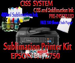 Epson WF-2750 Sublimation Printer Bundle, CISS Kit, Sublimation Ink & 100 Paper