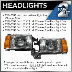 Headlights Headlamps with Chrome Trim Pair Set for 87-91 Bronco F-Series Truck
