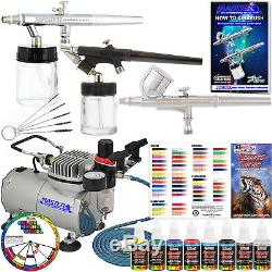 Master 3 Airbrush & Air Compressor Kit, 6 Primary Colors Acrylic Paint Set, Hose