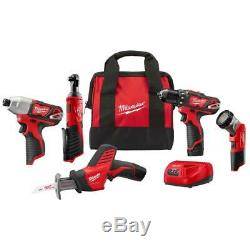 Milwaukee 2498-25 M12 12-Volt Lithium-Ion Cordless Combo Kit (5-Tool) NEW