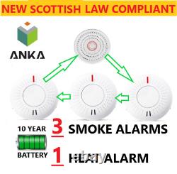 Anka Wireless Interlinked 3 Kit D'alarme De Fumée Et 1 Chauffage Batterie 10 Ans