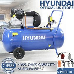 Compresseur D’air 100l Litre V-twin 3hp 14cfm 115psi 8bar 5pc Kit D’outils D’air Hyundai