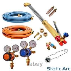Kit de coupe au gaz oxy-propane avec chalumeau, tuyau, régulateur et coupeur à flamme oxygène.