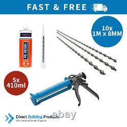 Kit de réparation de mur avec couture de fissure 5x 410ml de résine, 10x barre hélicoïdale 8mm x 1m et pistolet