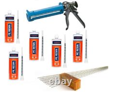Kit de réparation de mur avec couture de fissure 5x 410ml de résine, 10x barre hélicoïdale 8mm x 1m et pistolet